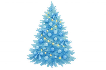 Wall Mural - Watercolor blue christmas tree illustration, festive holiday decoration with bows and glowing lights, transparent background