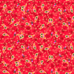Wall Mural - Festive seamless print for scarf, dress, fabric with intricate floral pattern, berries, leaves, paisley on shining scarlet background in vector. Indian, Chinese motifs.