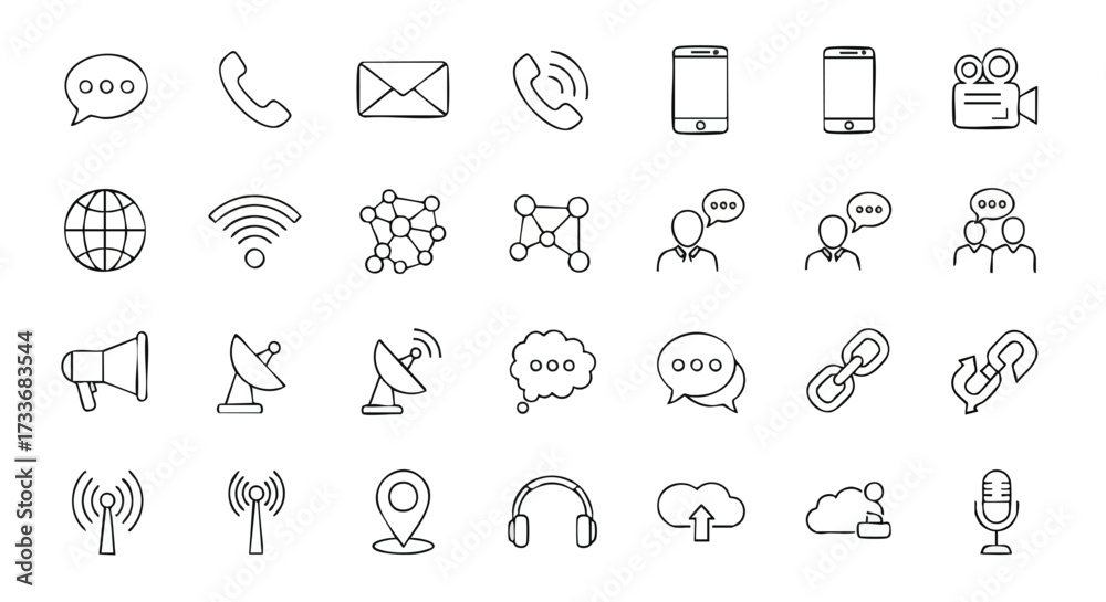 Collection of communication icons representing various methods of ...