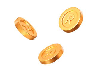 Wall Mural - 3d flying South African Rands golden coins with different angles. Stock vector illustration on isolated background.	