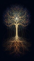 Wall Mural - Classic, visual, metaphorical, complex, tree of life, graph, unravel, re-weave, complex, network, light, tapestry, abstract, sky, night, nature, blue, sun, clouds, tree, water, dark, lightning, cloud,