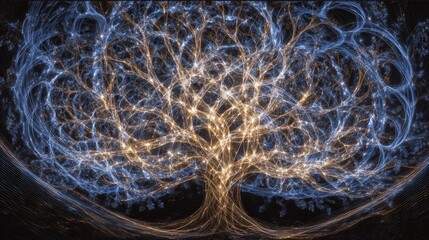Wall Mural - Classic, visual, metaphorical, complex, tree of life, graph, unravel, re-weave, complex, network, light, tapestry, abstract, sky, night, nature, blue, sun, clouds, tree, water, dark, lightning, cloud,