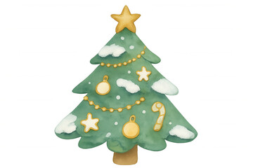 Wall Mural - Christmas tree watercolor illustration with star, ornaments, candy cane, and snow on branches, transparent background