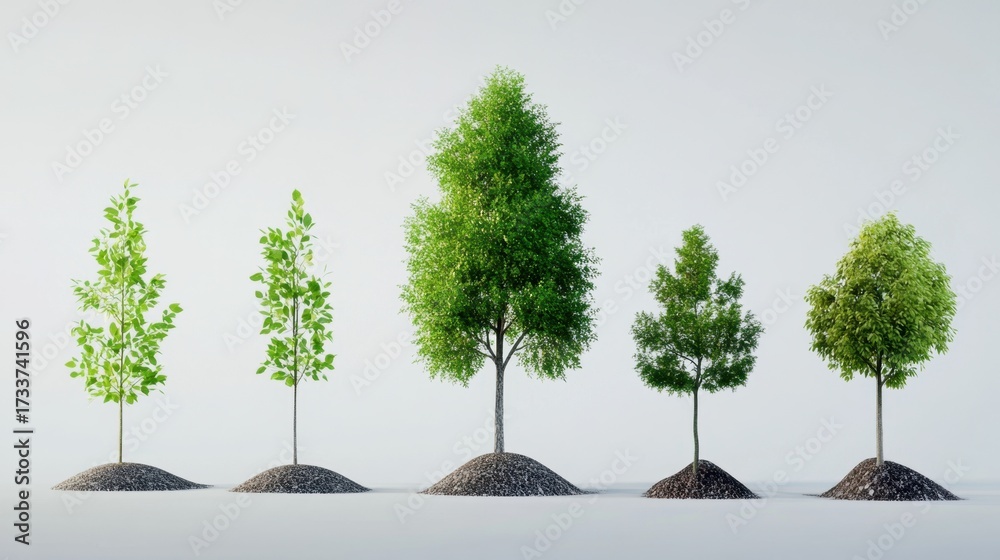 Tree Advancing Progression of tree growth from young sprout to mature green tree ...