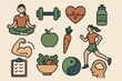 © ณภัทร วงค์มาวิวัฒน์ - Wellness Journey: A collection of icons depicting a holistic approach to well-being, encompassing exercise, nutrition, and mental health, symbolizing balance, strength, and vitality.