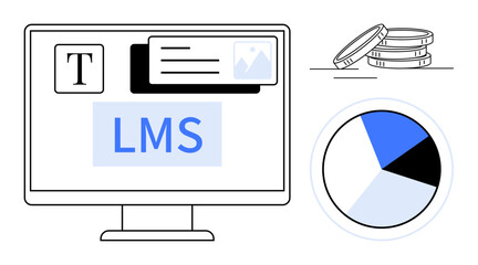 Computer monitor displaying LMS interface with text and image elements, pie chart showing data distribution, and coins representing financial growth. Ideal for education, training, analytics