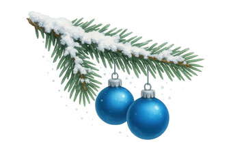 Wall Mural - Snow-covered fir branch with blue christmas ornaments, bringing festive holiday cheer and winter decoration, transparent background