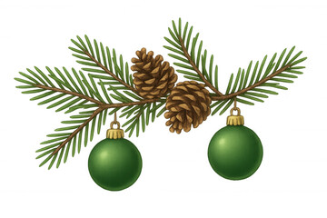 Wall Mural - Pine branch with green christmas ornaments and cones, festive holiday season decoration, transparent background