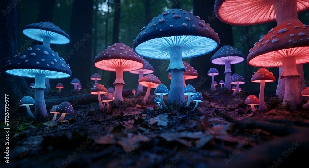 Glowing mushrooms in a dark forest, neon blue & pink hues create a ...