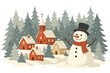 © Maple - Christmas town in a snowy forest landscape. Winter village scene with a cute snowman character. Festive holiday background with church and houses. Vector art for greeting card.
