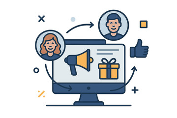 Referral program, affiliate marketing concept. Invite friends and earn prizes. Customer acquisition strategy. Online business promotion with rewards. Digital loyalty network vector.
