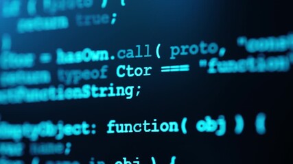 Close up of computer monitor screen with blue programming code, hacker background, software development, cyber security, coding technologies and digital innovation concept