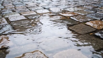 Wall Mural - Close-up of raindrops creating concentric ripples in a large puddle on a cobblestone street, lit by soft, diffused light with a locked-off shot environment, texture, weather