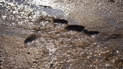 Wall Mural - Close-up of rapid rainwater runoff flowing over an unpaved, textured ground, creating small rivulets and erosion patterns under bright light nature, b-roll, refreshing