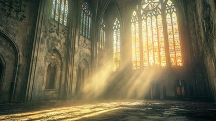 Wall Mural - A grand abandoned cathedral with towering stained glass