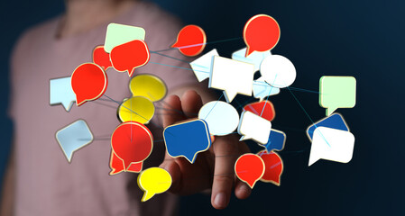 Person holding digital chat bubble network. Illustrates communication, social media, connection, and modern technology in virtual environments.