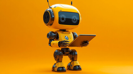 Futuristic yellow robot assistant holding tablet, showcasing modern AI and automation for business innovation and digital solutions.