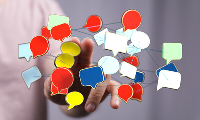 Conceptual image showing social media network and communication over finger touches, message sending concept with network connection background.