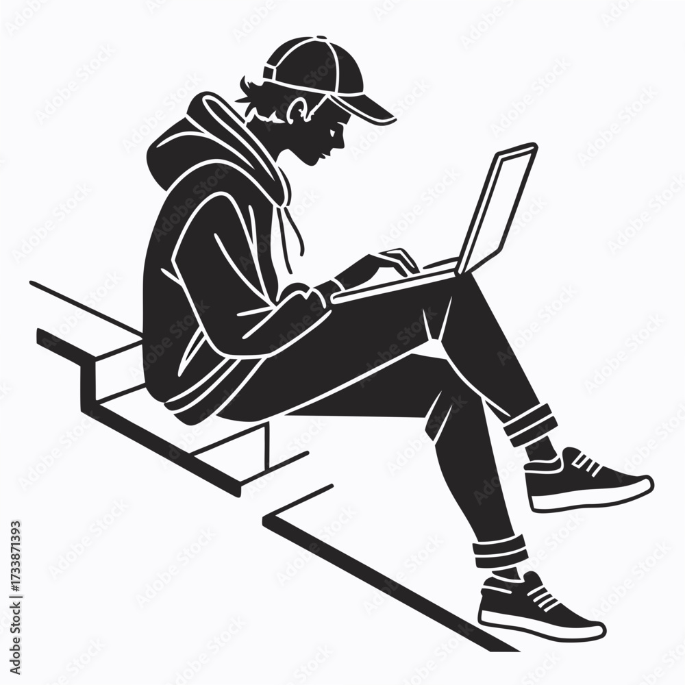 Person in hoodie and cap using laptop on stairs computer Stock Vector ...