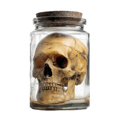 Realistic human skull preserved in glass jar for educational purposes, isolated on transparent cutout background

