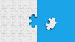 © HalukYakup - Solution concept. Set of puzzle pieces. Jigsaw puzzle with missing piece on a blue background.