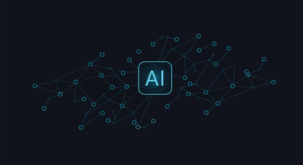 AI technology network abstract vector illustration of artificial intelligence connecting dots and lines on dark background on transparent background