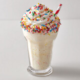 Delicious vanilla milkshake with whipped cream and colorful sprinkles, sweet treat indulgence, studio shot.
