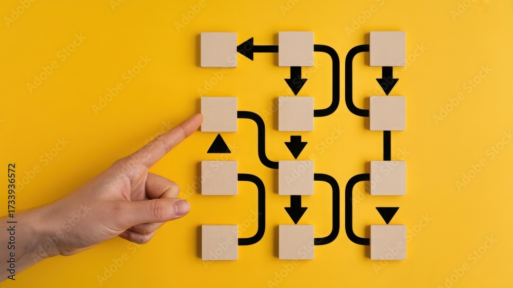 Hand pointing to flowchart process business strategy and workflow ...