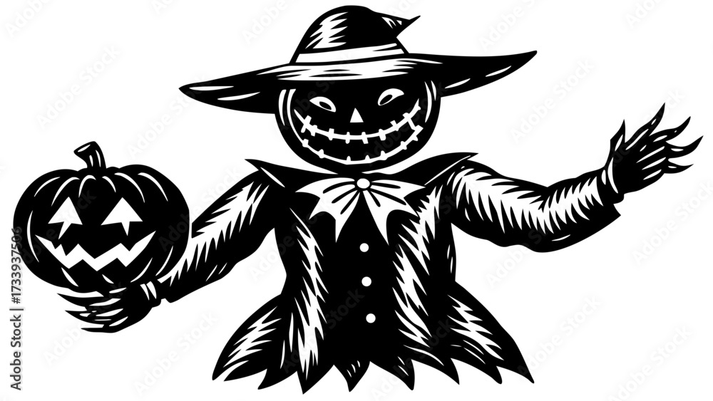 Silhouette of a scarecrow wearing a hat and holding a jack o lantern ...