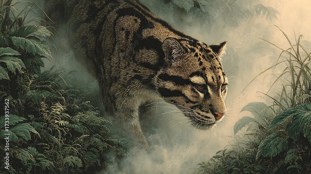 Magnificent clouded leopard prowling through lush jungle foliage, a ...