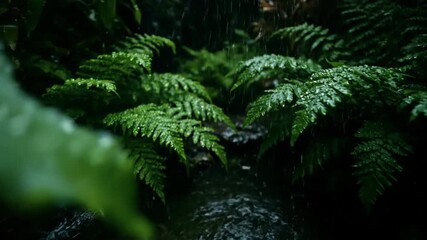 Wall Mural - A handheld tracking shot through a dense, wet garden, showcasing glistening foliage and dripping water in a moody, low-light setting motion, garden, b-roll