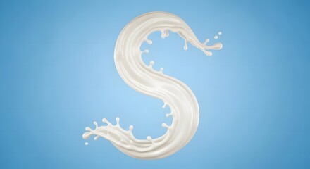 A visually striking image of a liquid splash forming the letter S, resembling milk or a creamy substance against a soft blue gradient background