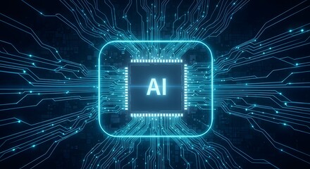 Glowing blue artificial intelligence microchip on a futuristic digital circuit board background representing innovation