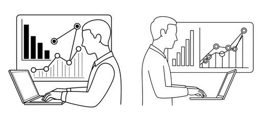 Wall Mural - Vector art of comparison of two people analyzing different charts on laptops, showing trends