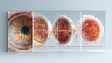 Diabetic Eye Disease Month. Ultra-realistic scientific visualization of diabetic retinopathy progression stages, infographic style with four panels, retina close-ups