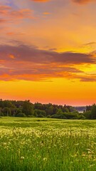 Wall Mural - Dramatic Orange Sunset Sky Over Rural Fields - Vertical Shot, Timelapse