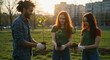 © O - Three young people, two women and one man, holding small saplings in pots, ready to plant them for environmental friendly earth day