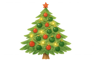 Wall Mural - Christmas tree with festive red and green ornaments and shining lights, holiday season decoration with star on top