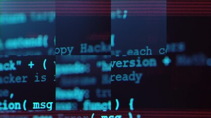 Wall Mural - Close up of computer screen with blue programming code, glitch distortion and digital noise, futuristic hacker background, system error, data corruption and cybersecurity concept. Software hack
