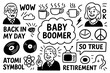 © FriskySloths - Baby boomer doodle with retro lifestyle icons, typewriter, vinyl, old telephone, milk bottle and vintage characters, Transparent Background