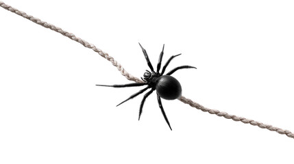 Spider on Thread: A stark image of a black spider gracefully navigating a woven thread, showcasing the delicate balance of nature in a photorealistic portrayal.