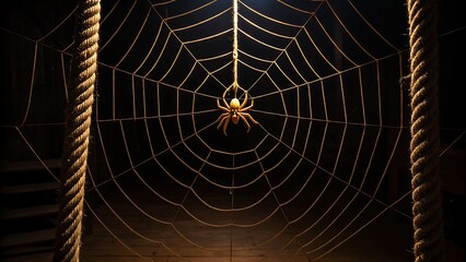 Spider hanging on detailed spiderweb made of rope in dark background
