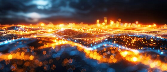 Abstract background technology cyberspace curve wave digital dynamic flow blue and orange light.