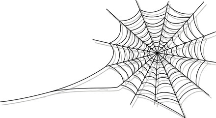 A detailed black and white illustration of a spider web with a long trailing strand extending to the left.