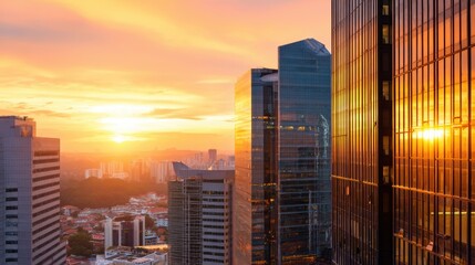 Wall Mural - Stunning sunset view over a bustling city skyline with reflective skyscrapers and vibrant colors