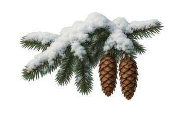 Wall Mural - Pine branch with snow and two pinecones, winter nature and christmas season elements on transparent background