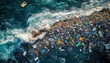 © Panuwat - Aerial view large body water waves crashing against Various rubbish and garbage