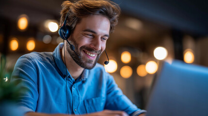 A young man in a home office, using a laptop and headset for virtual team brainstorming, remote work brainstorming session, digital nomad workspace, virtual collaboration male, hom