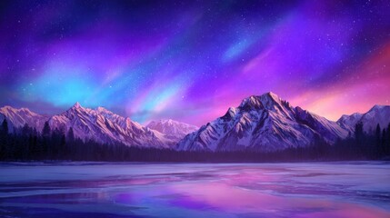 Wall Mural - Majestic northern lights illuminate a serene winter landscape with mountains and a reflective icy lake at dusk