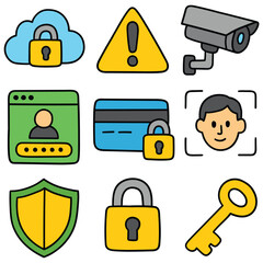 Hand-drawn cartoon security icon set isolated on white background. Secure cloud, warning, cctv camera, login, secure payment, face id, shield, padlock, key. Vector illustration.